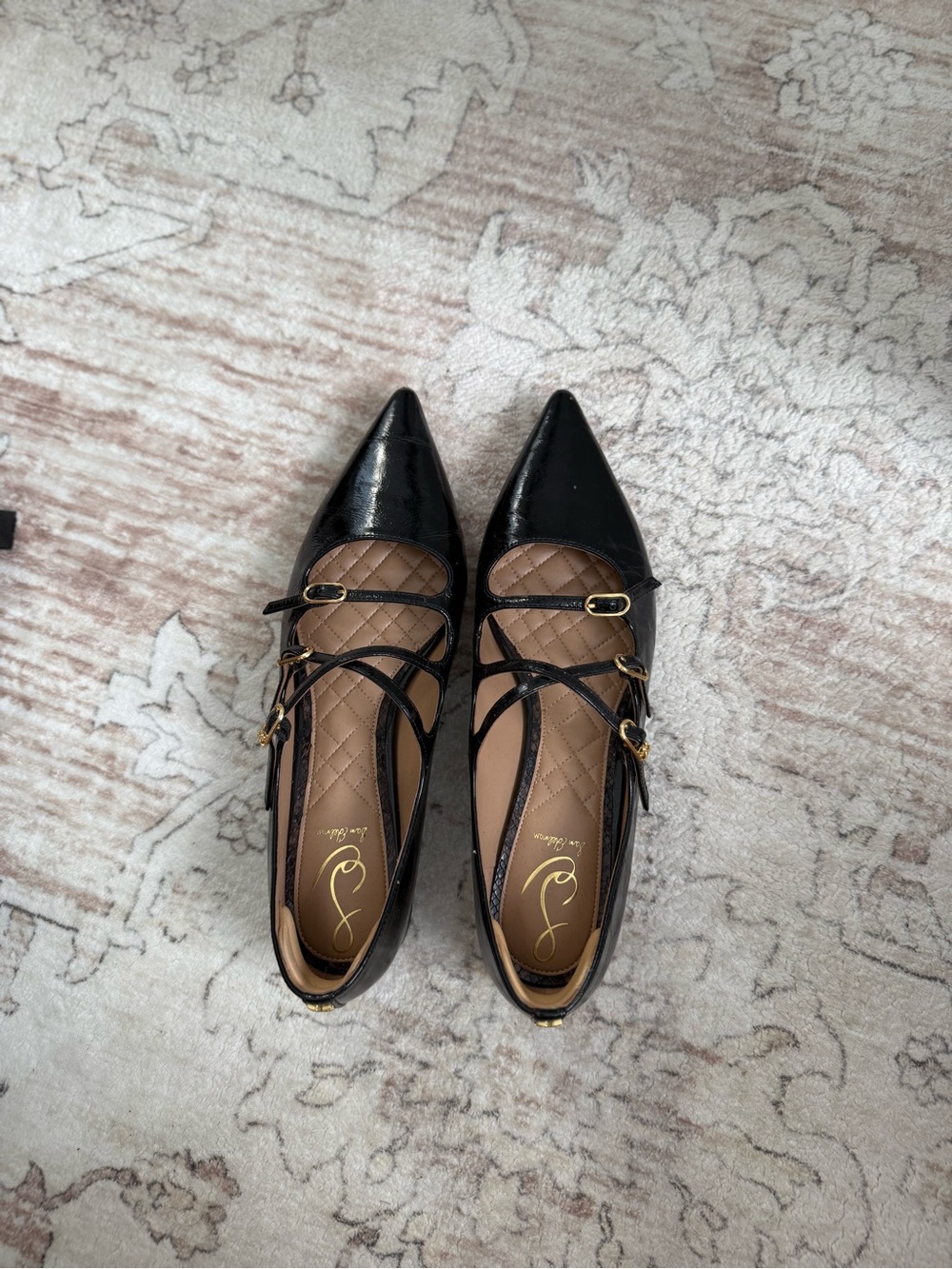 Sam Edelman Black Pointed-Toe Strappy Ballet Flats with Gold Accents